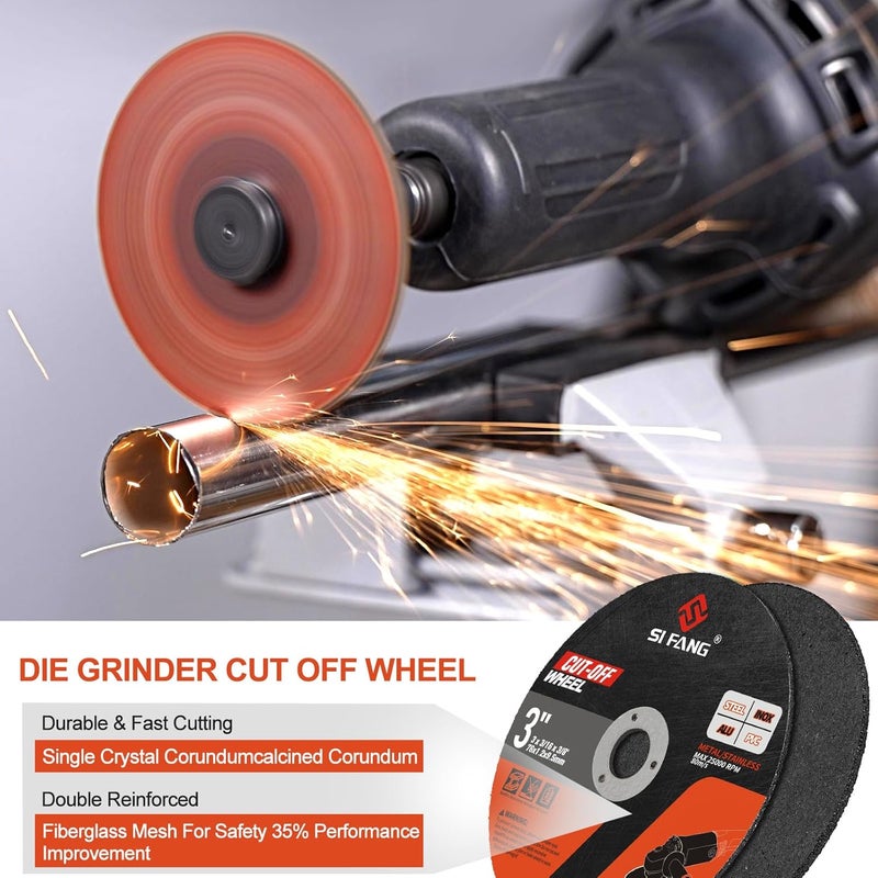 SI FANG 25Pcs 3 inch Cut Off Wheels with 1/4 in Mounting Mandrel Kit for Die Grinder, 3/8" Arbor Cutting Wheel with Pouch for Metal & Stainless Steel Rotary Tool Drill Attachment Cutter Discs - Image 4